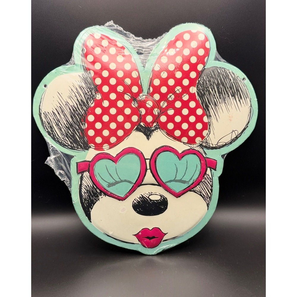 Disney Minnie Mouse Metal Wall Sign Heart Sunglasses Polka Dot Bow Tin Decor